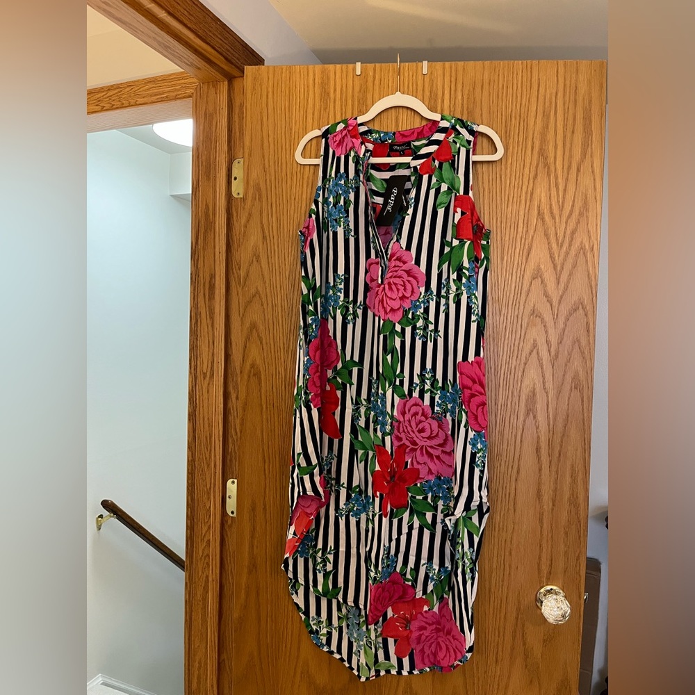 Papa-Vancouver…Sleeveless Striped Floral Midi Dress - Black, White & Pink/ large